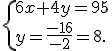  \{ 6x+4y=95\\y=\frac{-16}{-2}=8.